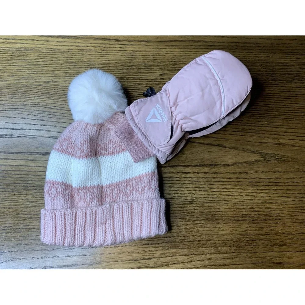Reebok Girls Pink and White Striped Knit Beanie Hat and Mittens 2-Piece Set NWT